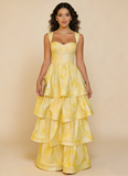 Pastel Yellow Ruffle Tiered A-Line Long Party Prom Dress HZ0427